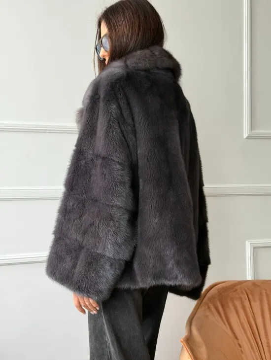 Автоледи норковая с воротником куницы - графит - фото 5