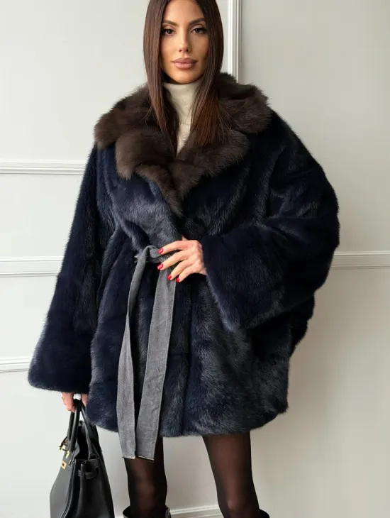 Норковый полушубок летучая мышь с воротником куницы  Dark Blue - фото 5