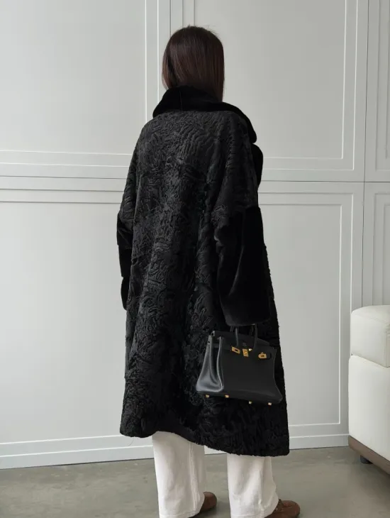 Черная шуба из каракуля с норкой - фото 13