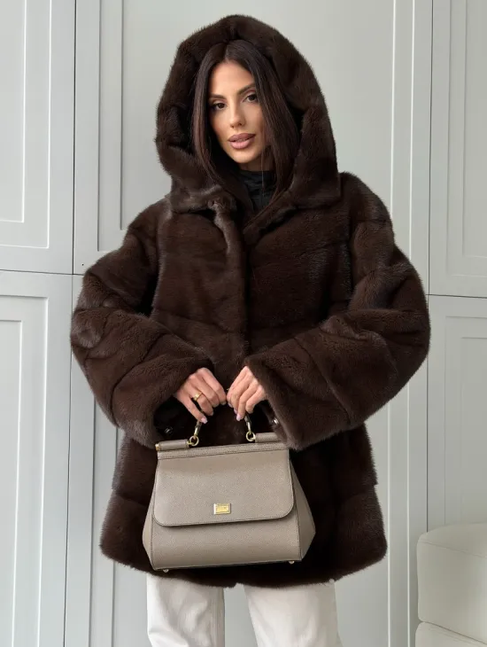 Норковая шуба в стиле «рубашка» с капюшоном - фото 6