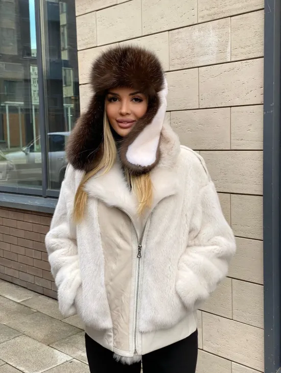 Зимняя норковая куртка с отделкой из белой овчины - фото 0