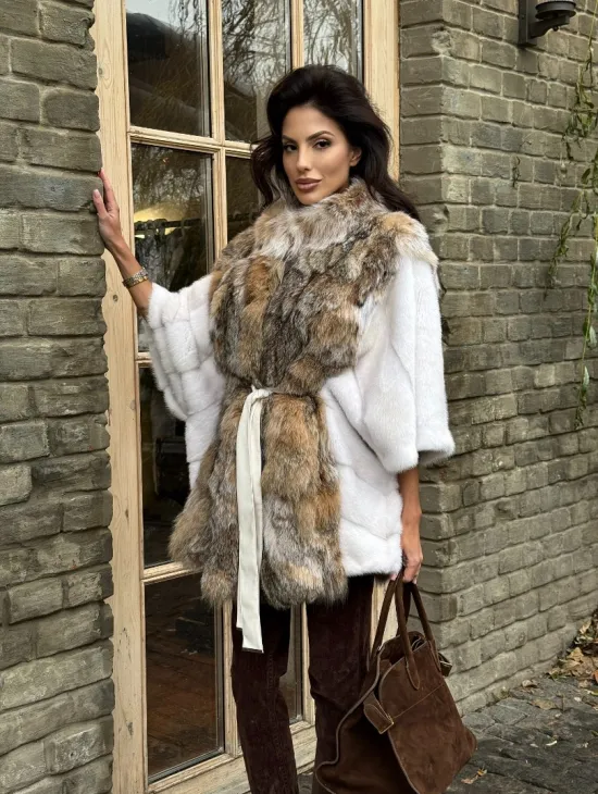Норковая шуба летучая мышь, отделка из меха рыси - фото 10
