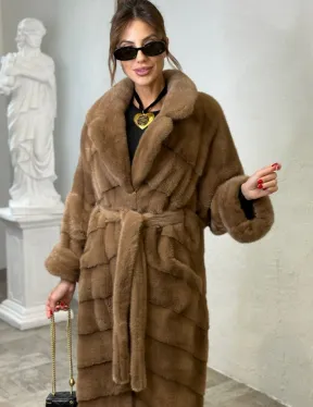 Длинная шуба карамель кимоно мех NAFA - фото 1