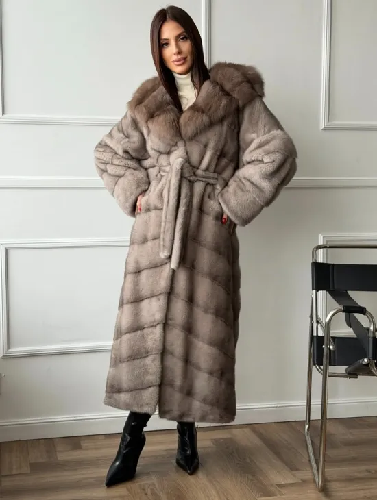 Шуба норковая с капюшоном куница - цвет светло-серый - фото 3