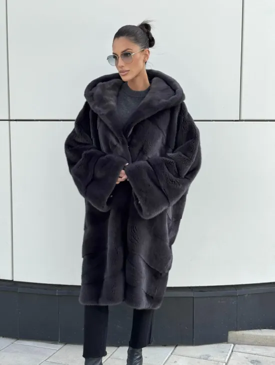 Норковая шуба паркет с капюшоном - цвет блю ирис - фото 2