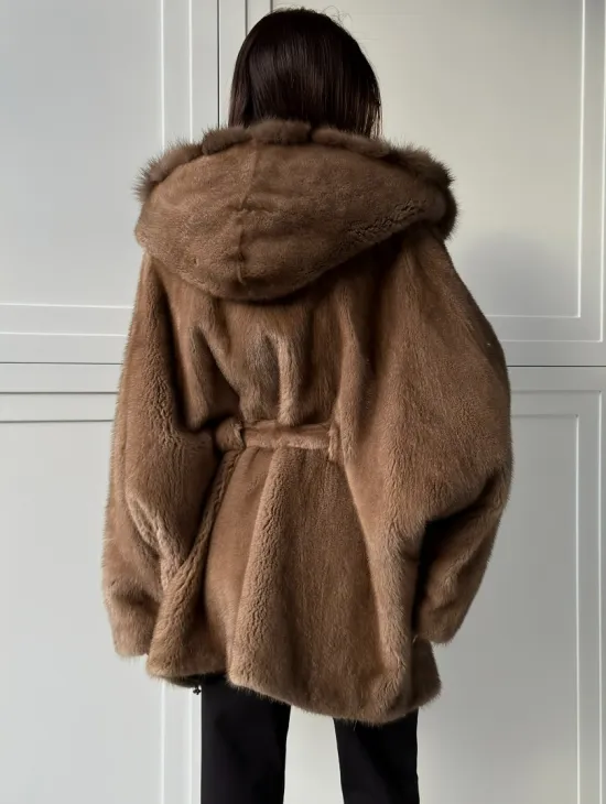 Норка NAFA пошив роспуск пастель с капюшоном куница -летучая мышь - фото 6