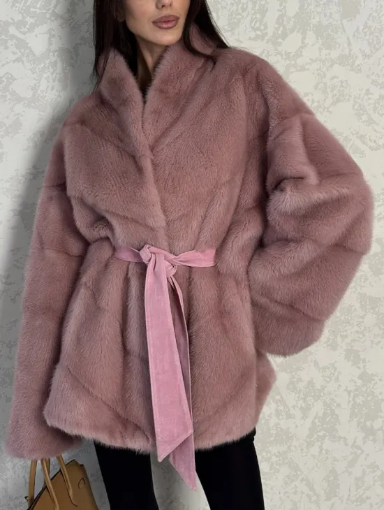 Кимоно норковое воротник отворот - цвет розовый жемчуг - фото 3