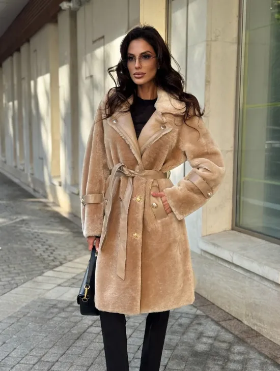 Дубленка из овчины с норковым воротником - цвет бежевый - фото 0