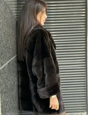 Укороченная норковая шуба в цвете шоколад - фото 1