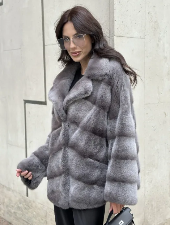 Норковый полушубок с английским воротником - цвет Platinum - фото 2